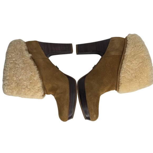 UGG Tan Suede High Heel Boots With Shearling Cuff & Wooden Block Heel Size 7.5 - Picture 6 of 8